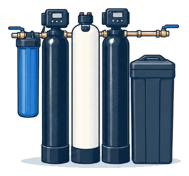 Filters, a softener, and a brine tank together