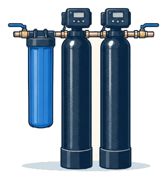 A blue sediment filter beside two whole-house tanks